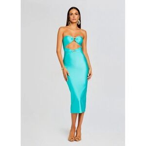 Shani Shemer Ida Lycra Midi Dress XS Strapless Cutouts Bright Teal Blue Cocktail